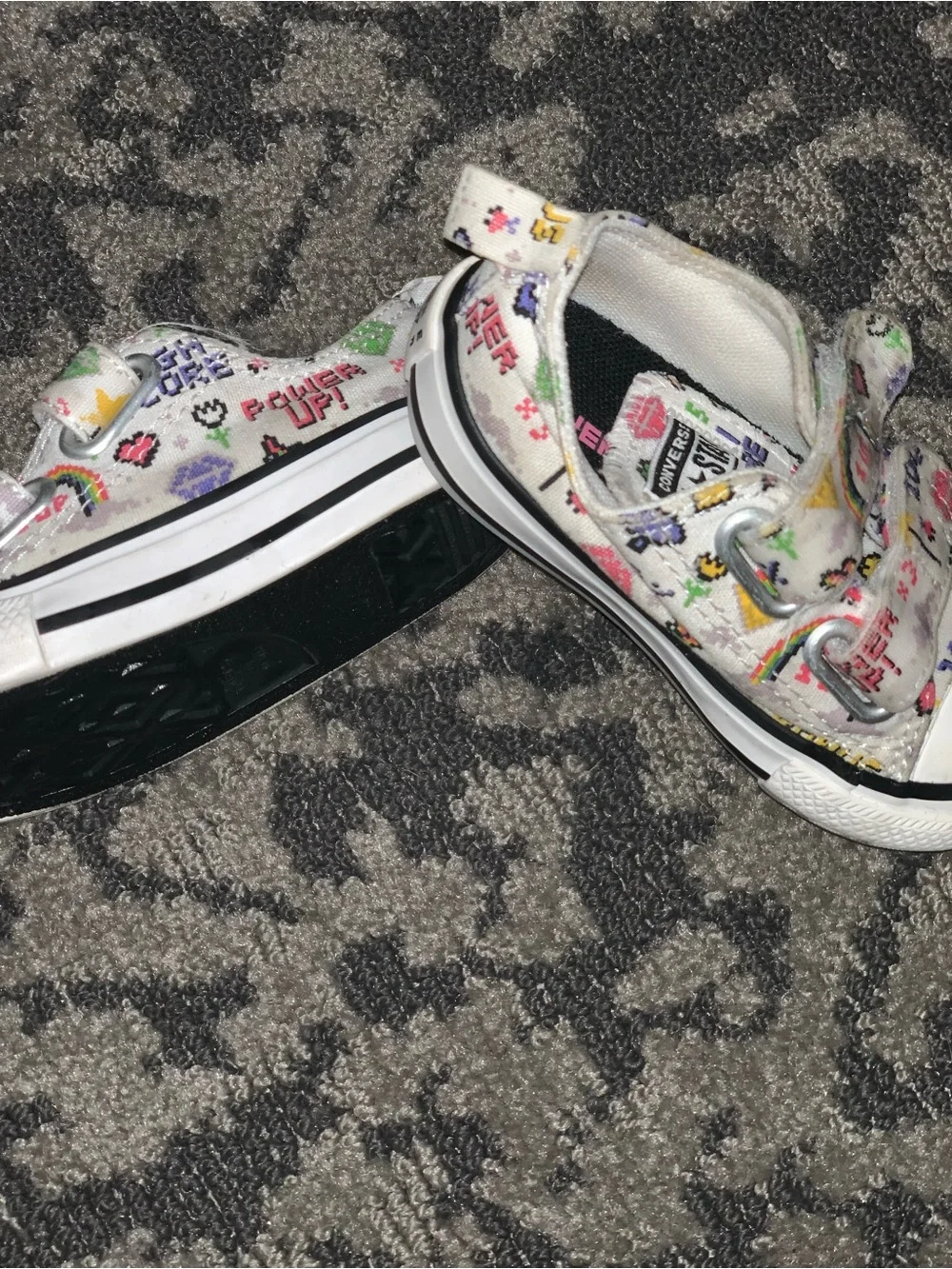 Kids White Canvas Velcro Sneakers with Colorful Pixel Graphics